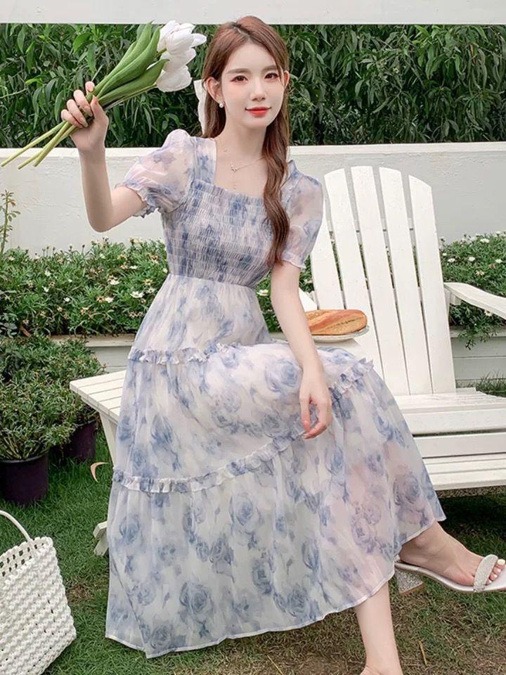 New floral new French retro waist dress women's autumn thin long dress super fairy skirt