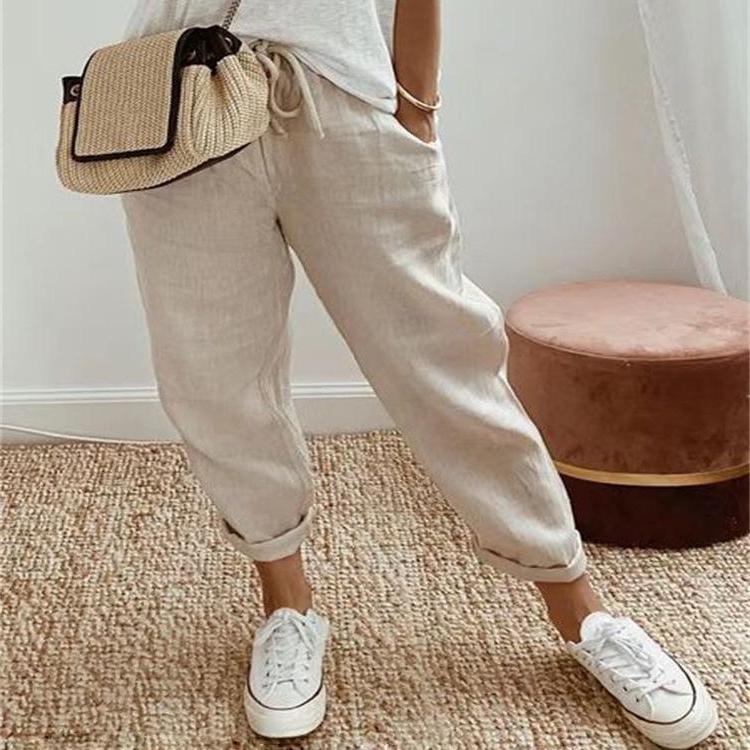 Pantalones casuales de algodón y lino con bolsillos elásticos para mujer, pantalones holgados casuales, ropa de diario, ropa de mujer