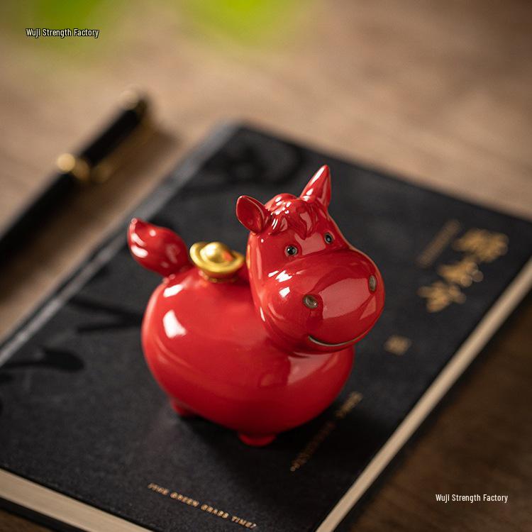 Coppia di Figure di Cavallo in Ceramica Rossa Tang - Mascotte Anno Zodiacale Arredo Tavolo