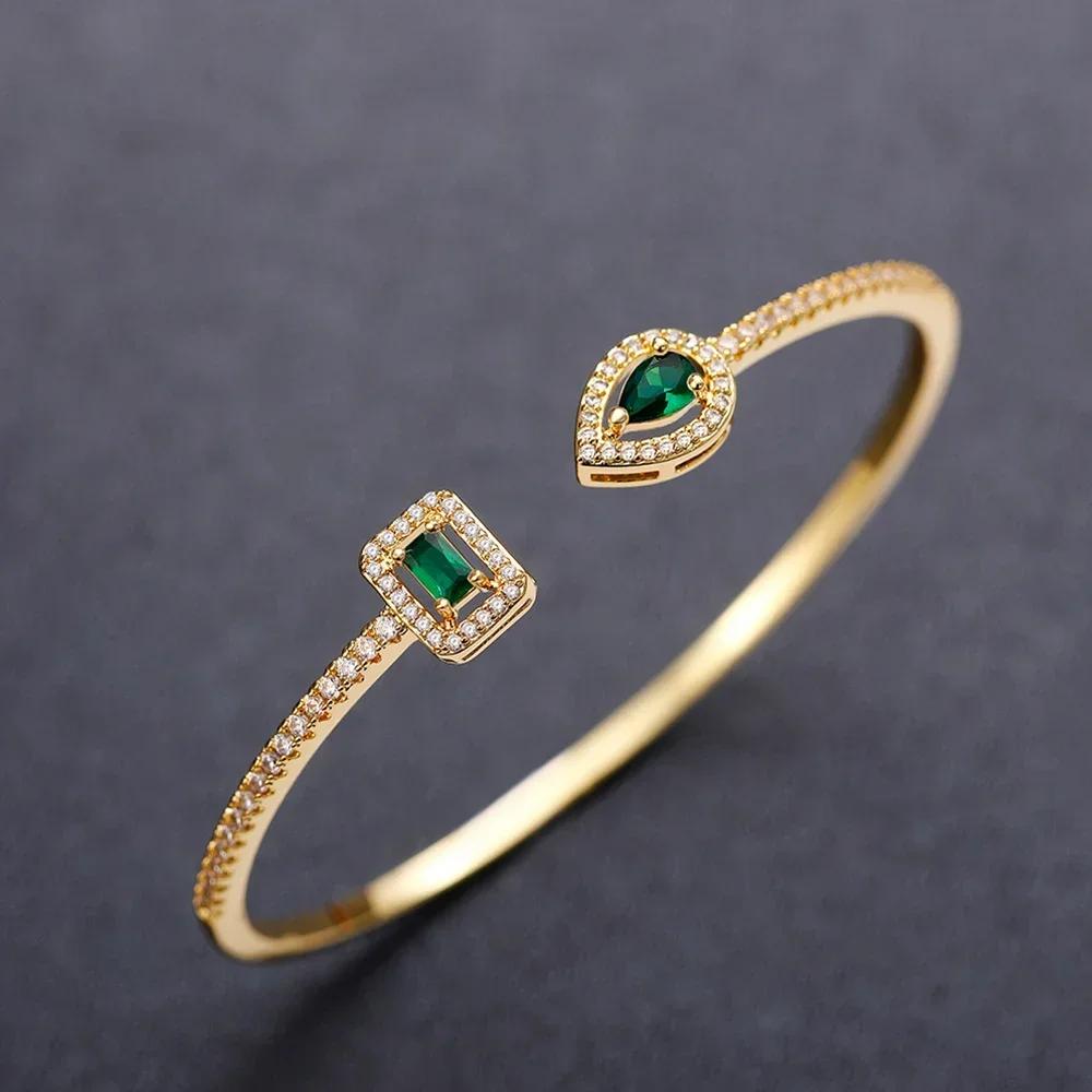 Trendy Luxury Women'S Cuff Bracelet With Brilliant Cubic Zirconia Green/Crystal/Blue  Color/Gold Color  Jewelry