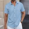 Men's Spring/Summer New Solid Color Jacquard Collar Cardigan Buckle Casual Short Sleeve Shirt Top