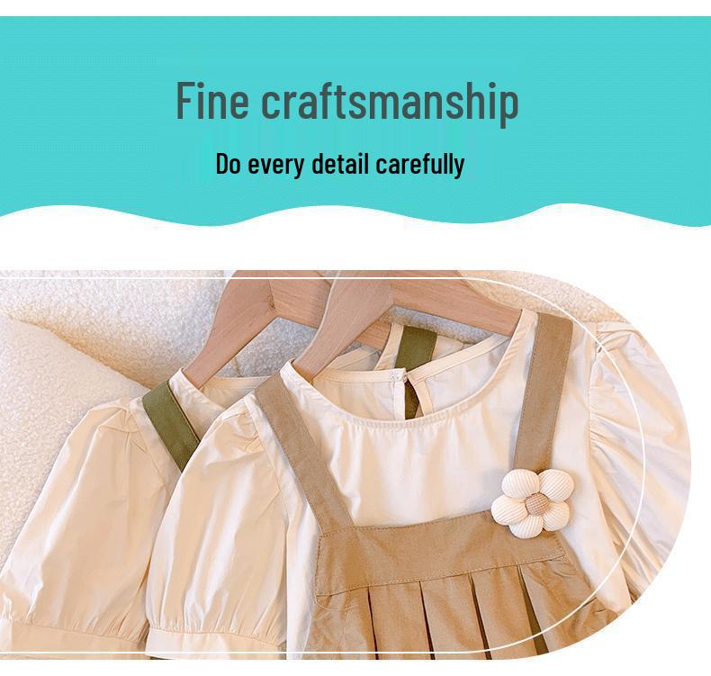2024 Summer Girls' Stylish Casual Two-Piece: Bubble Sleeve Top & Suspender Dress