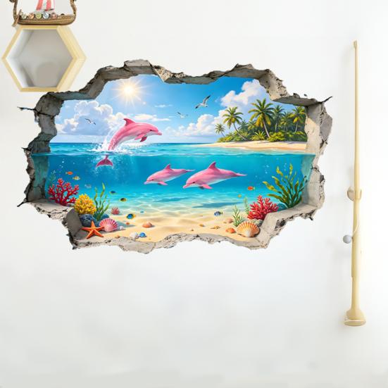 2 Peças de Adesivos de Parede 3D Praia Litoral, Golfinho Oceano Gaivota Palmeira Adesivo de Parede para Quarto de Crianças Bebês, Sala de Estar, Berçário