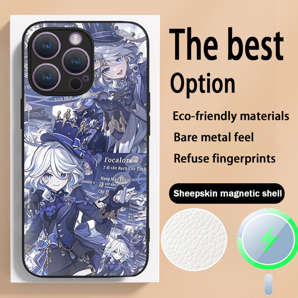 Genshin Furina game girl pattern Phone Case For iPhone 16 15 14 13 12 11 Plus Pro Max High-end Luxury Magsafe Sheepskin