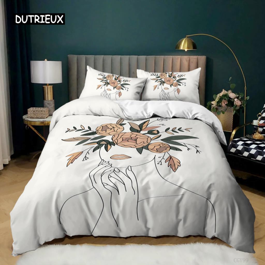 

Queen Size Duvet Cover Set Simple Strokes Portrait Woman with Roses Abstract Polyester Bedding EU single(135x200cm)