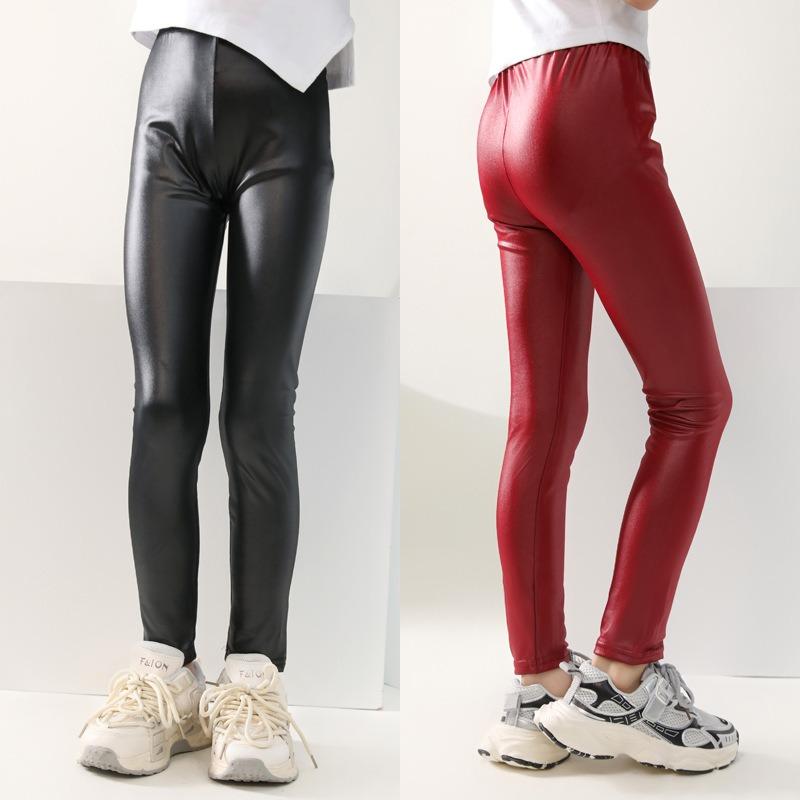 Spring Faux Leather PU Leggings For Kids Girls Slim Pencil Pants Elastic Waist Trouser Children