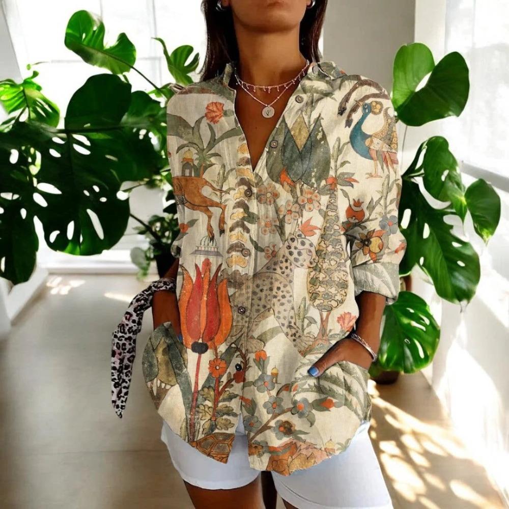 Plus Size Women Long Sleeve Button Shirt Solid Floral Casual Comfort Blouse