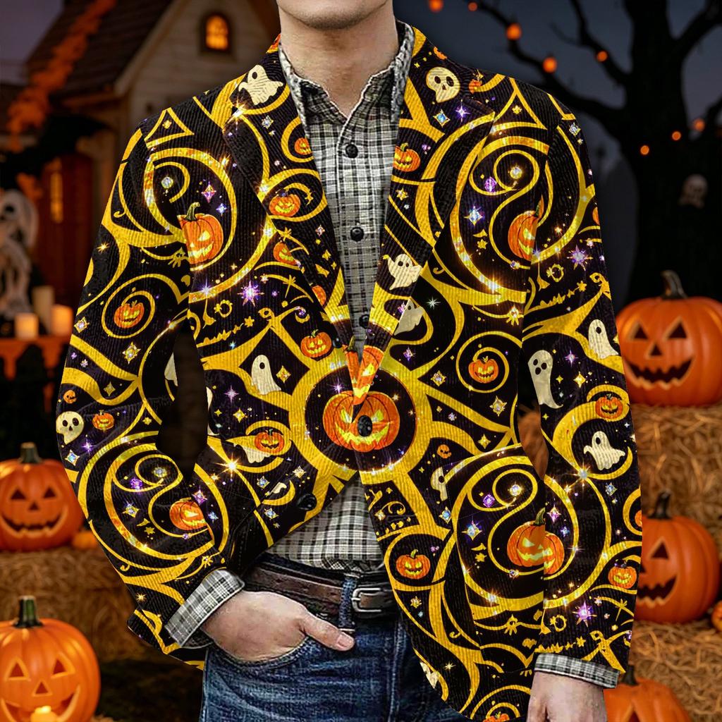Men's Corduroy Blazer Jacket with Pockets Halloween Themed Print Warm Casual Suit Coat Cardigan for Men