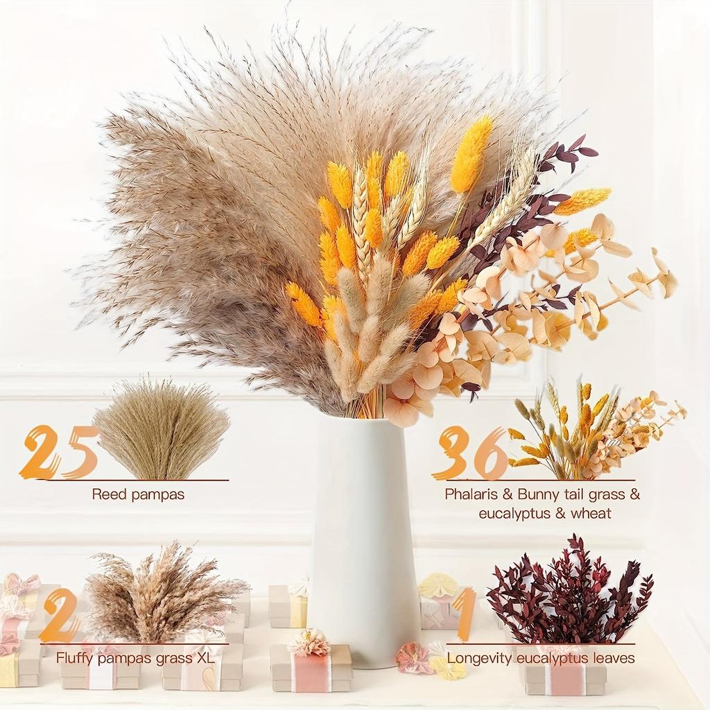 80Pieces Natural Dried Flowers Bouquet Home Decoration  Pampas Reeds Grass Rabbit Tails Bouquet Boho Home Arrangements
