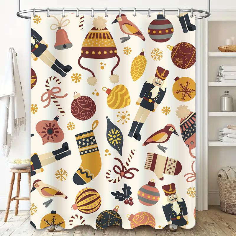 Tu Christmas Shower Curtain Festive Holiday Decor Merry Xmas Pattern Bathroom Fabric Backdrop Waterproof Vintage Style Home Deco