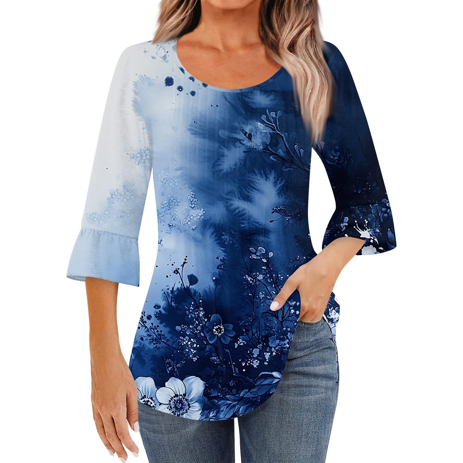 

Женская модная повседневная плиссированная футболка с круглым вырезом и цветочным принтом, рукав три четверти L синий