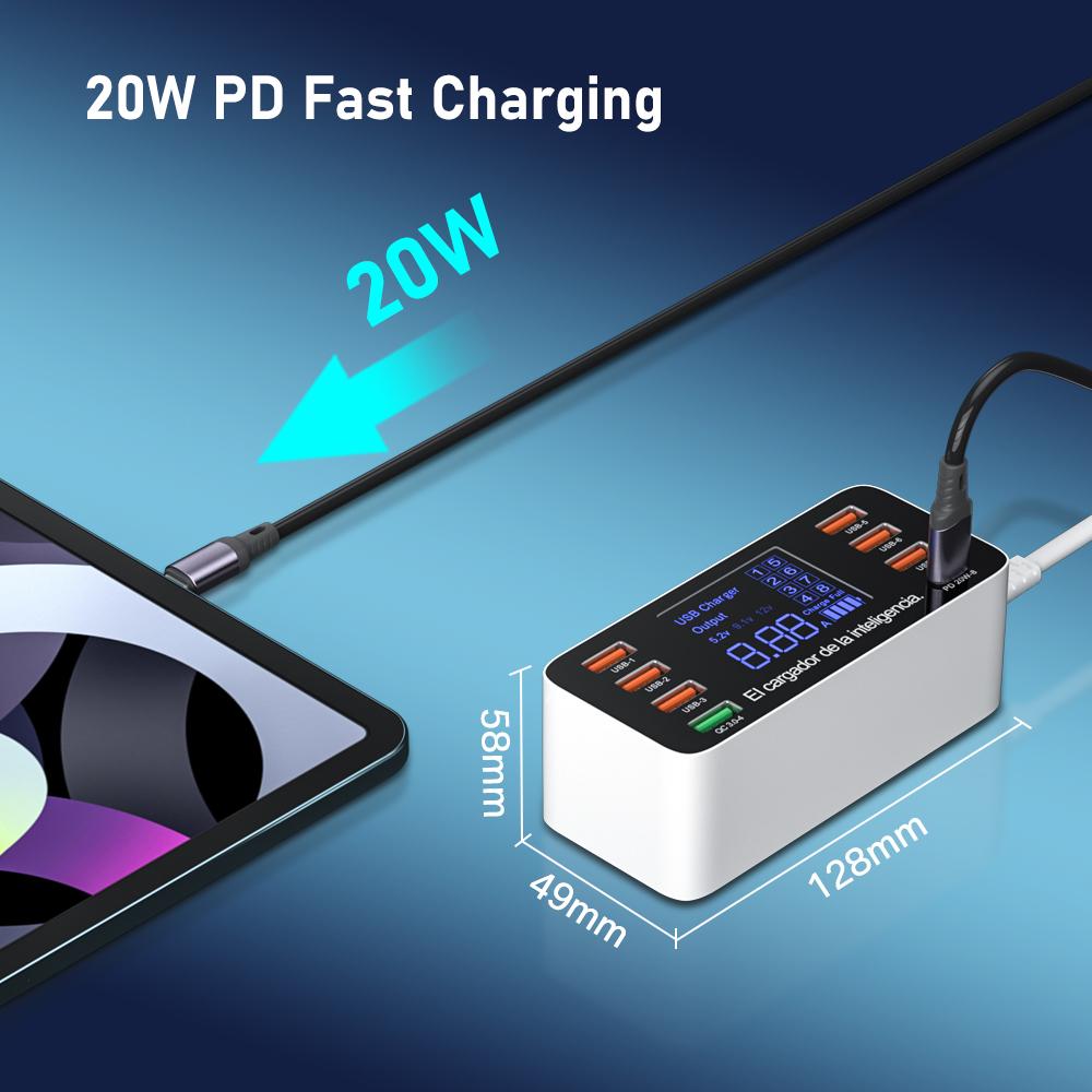 Φορτιστής USB Γρήγορης Φόρτισης 8 Θυρών QC3.0 Γρήγορη Φόρτιση Type C Έξυπνος Σταθμός Φόρτισης Ψηφιακή Οθόνη LCD USB Πολλαπλών Θυρών για Τηλέφωνο