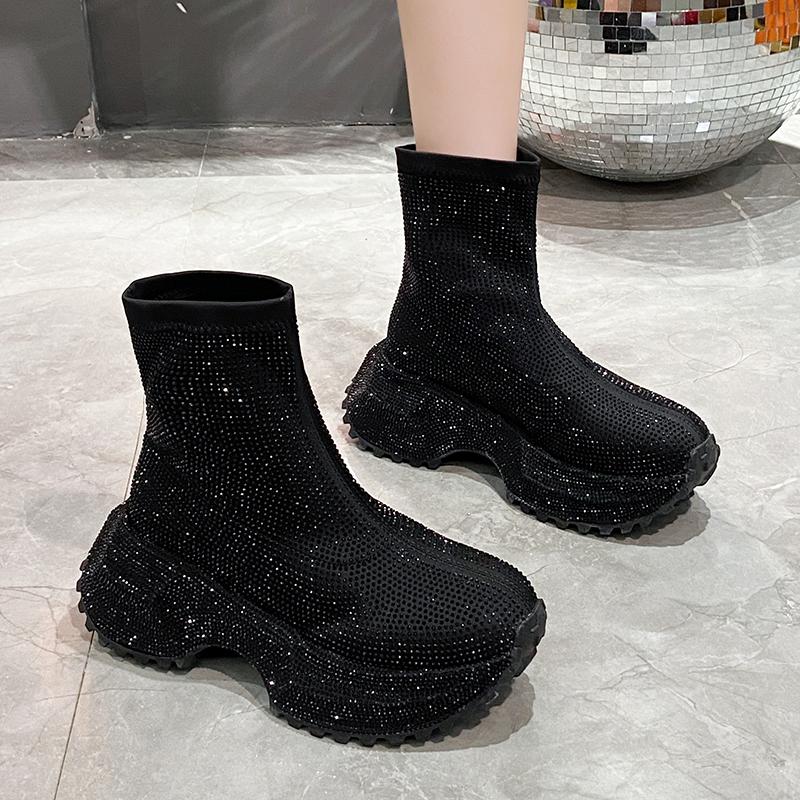 Full Drill Cover Foot Single Shoes Autumn New Round Toe Platform Sole Non-slip Wear-resistant Block Heel Boots