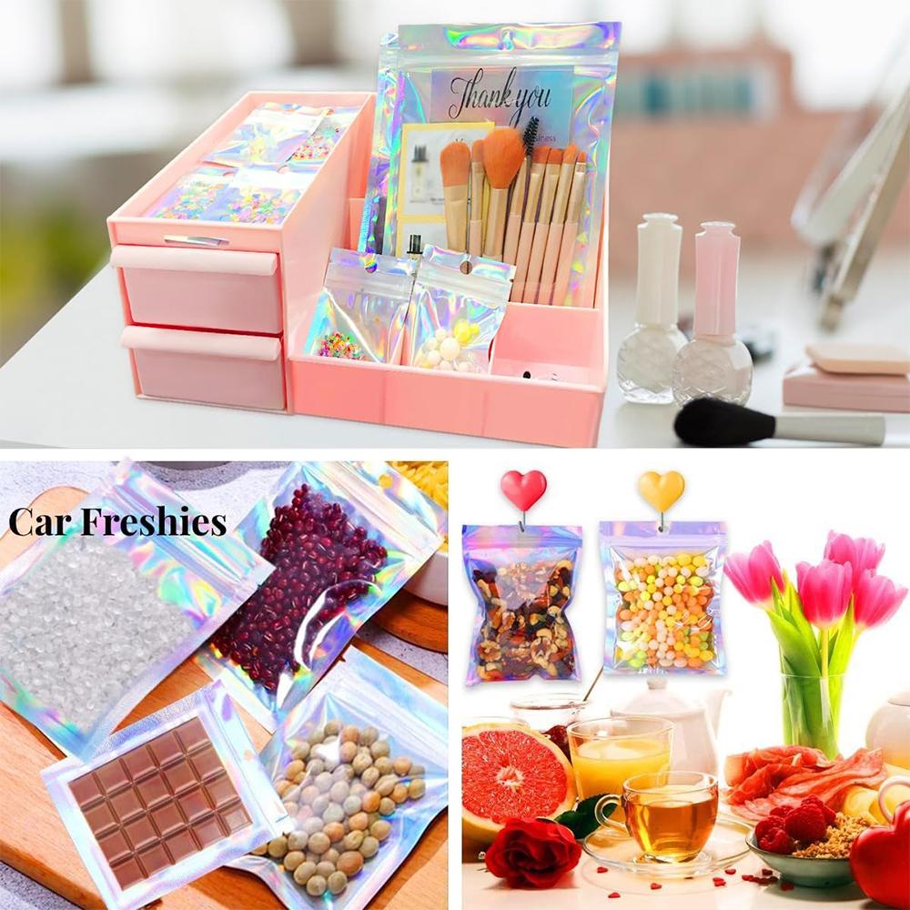 100pc Holographic Resealable Mylar Bags Ziplock Candy Suger Tee Jewelry Beauty Storage Pouches For Party Favor Home Organization