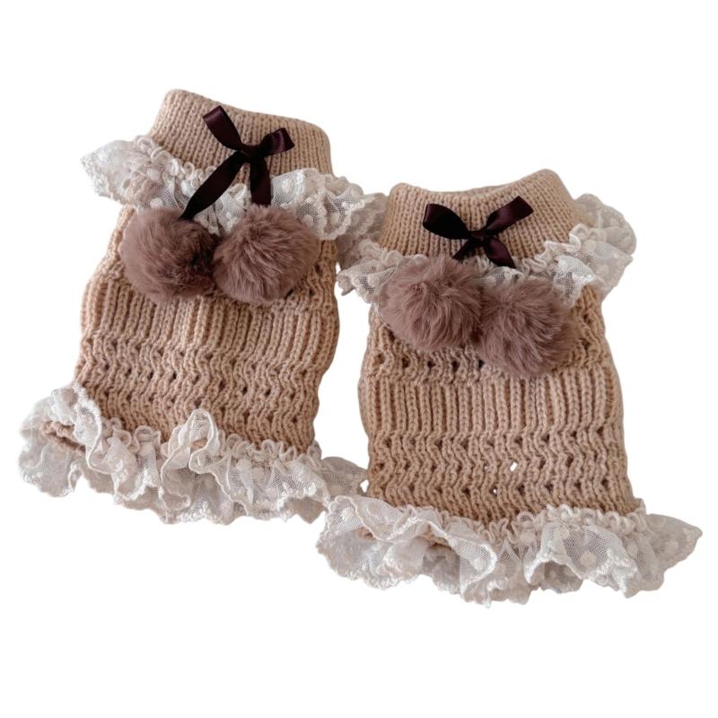 Fashionable Plush Balls Bows Adorned Leg Warmers with Lace Detail for Women's Hollowout Knitted Short Leg Covers Sleeves