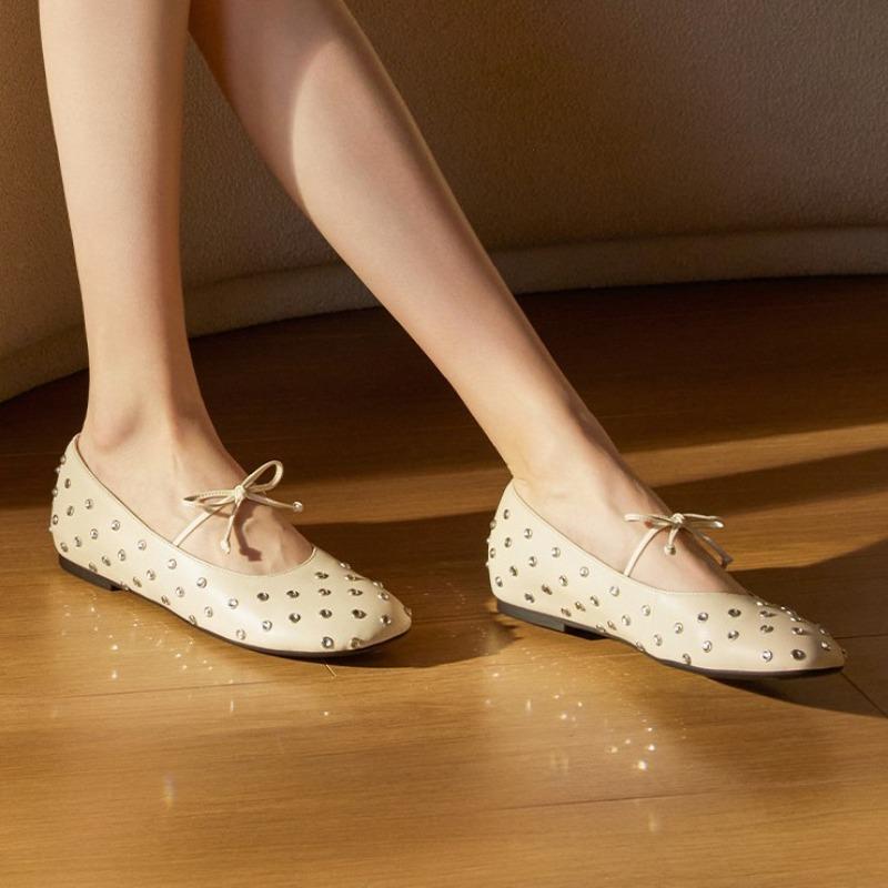 Fashion Retro Flat Shoes for Women Spring and Autumn Round Toe Bow Comfortable Loafers Shoes Mary Jane Rhinestone Flat Shoes for Ladies