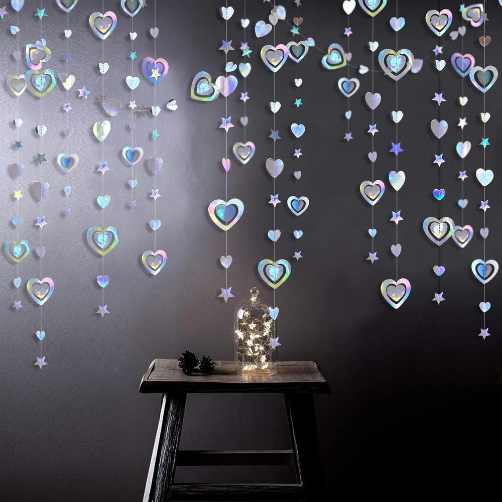 4pcs 39.36ft Streamers Iridescent 3D Heart Twinkle Star Garland Holographic Paper Streamer Banner for Birthday Mother's Day Anniversary