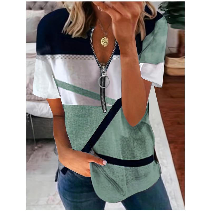 2026 Summer New Women's Zipper Printed Loose Short Sleeved T-shirt Top
