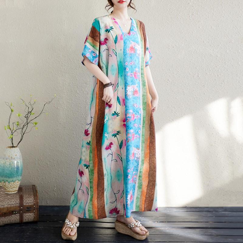Short Sleeve Plus Size Vintage Floral New In Dresses for Women Casual Loose Long Summer Dress