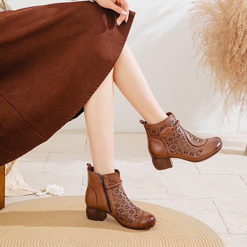Summer new breathable hollow Martin cool boots casual first layer cowhide retro thick high-heeled mother hole shoes