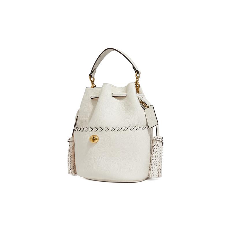 Coach Lora 22 Tassel Drawstring Leather Bucket Bag Hand Shoulder Bag Women's White