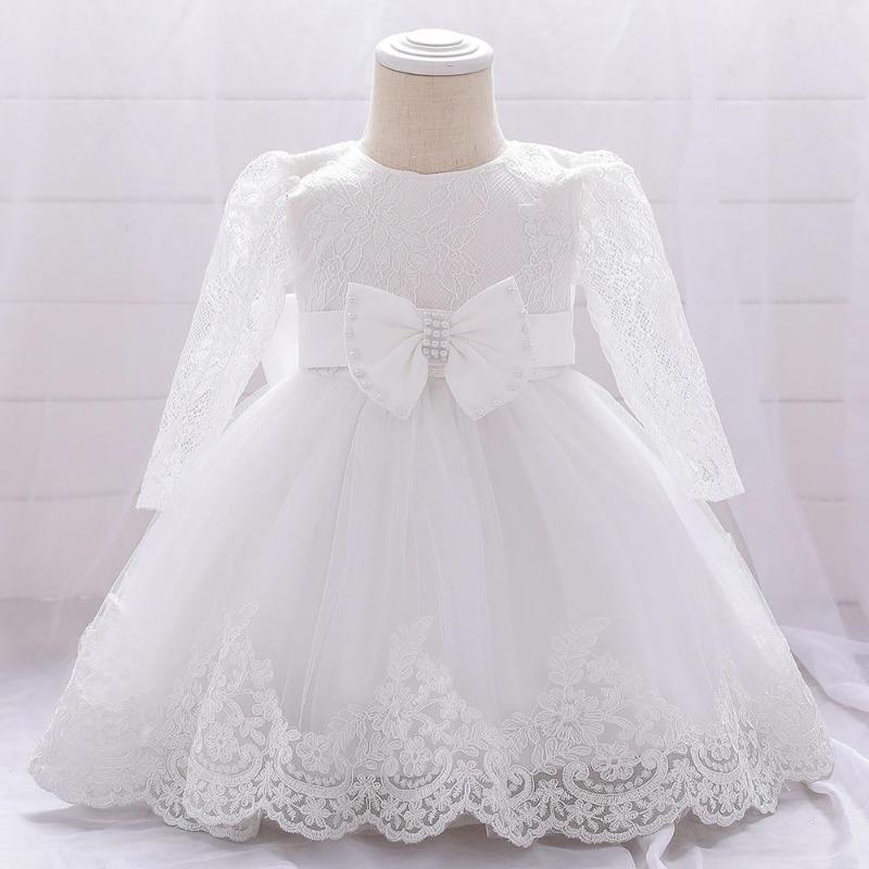 Vestidos para meninas, vestidos de festa e casamento para meninas recém-nascidas, manga comprida, vestidos de renda com laço grande, vestido de princesa para primeiro aniversário de menina