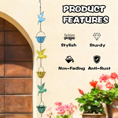 8Ft Hummingbird Rain Chain Colorful Hummingbird Iron Rain Chain Outside Rain Catcher Chain for Gutter Downspouts Garden Decor