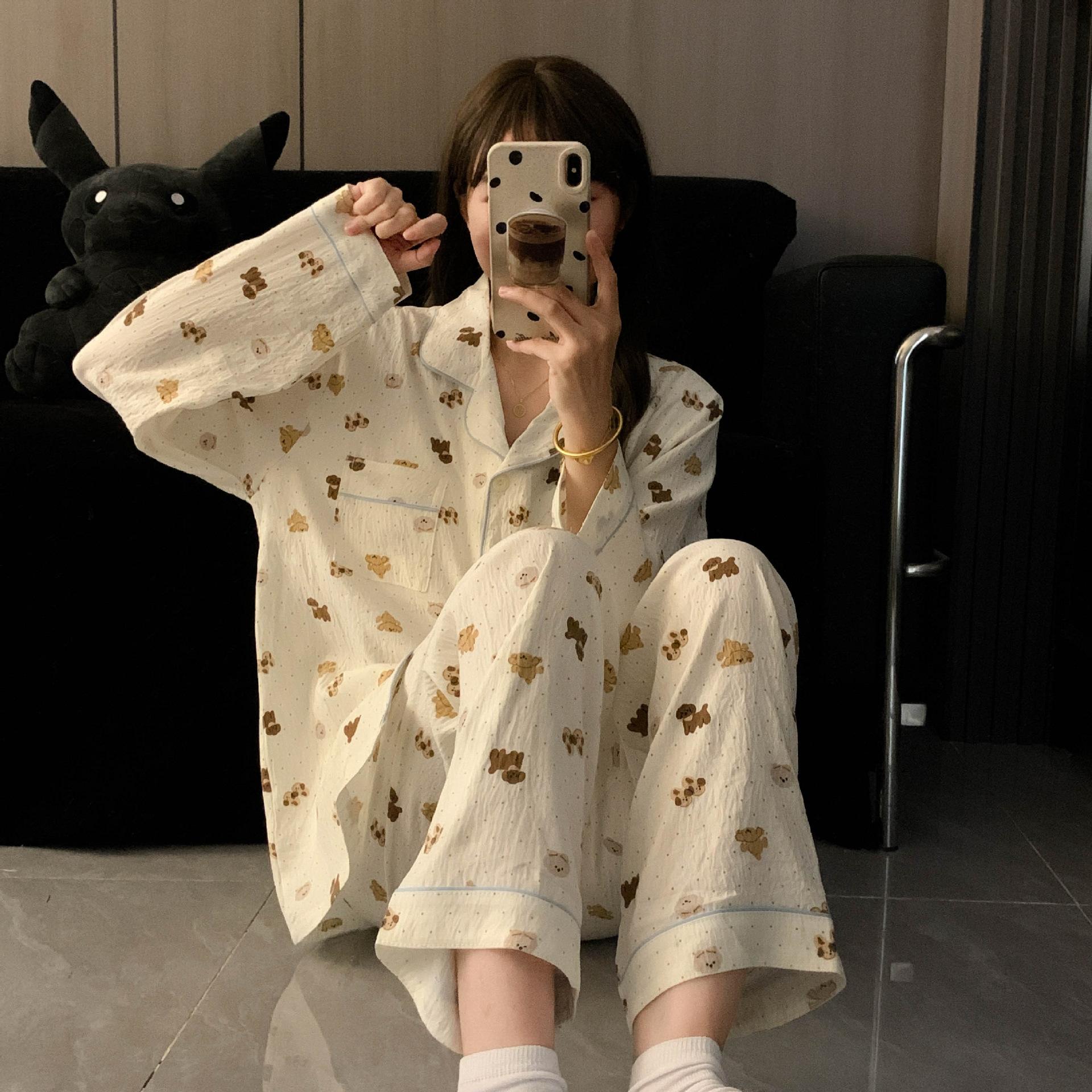 

Весенне-осенний женский пижамный комплект домашней одежды с длинными рукавами для девочек-студенток, милый принтованный милый комплект домашней одежды XL