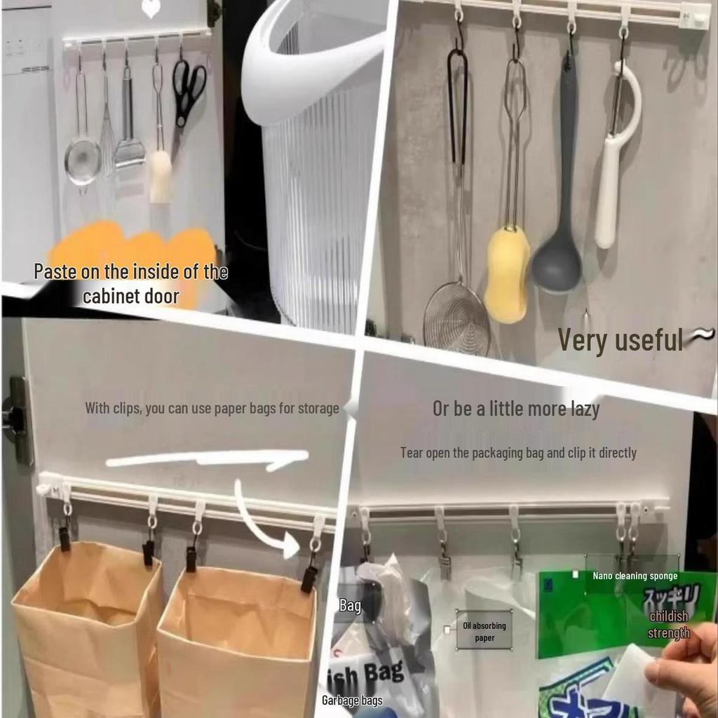Adhesive Wall-Mounted Kitchen Rack with Sliding Hooks for Utensils
