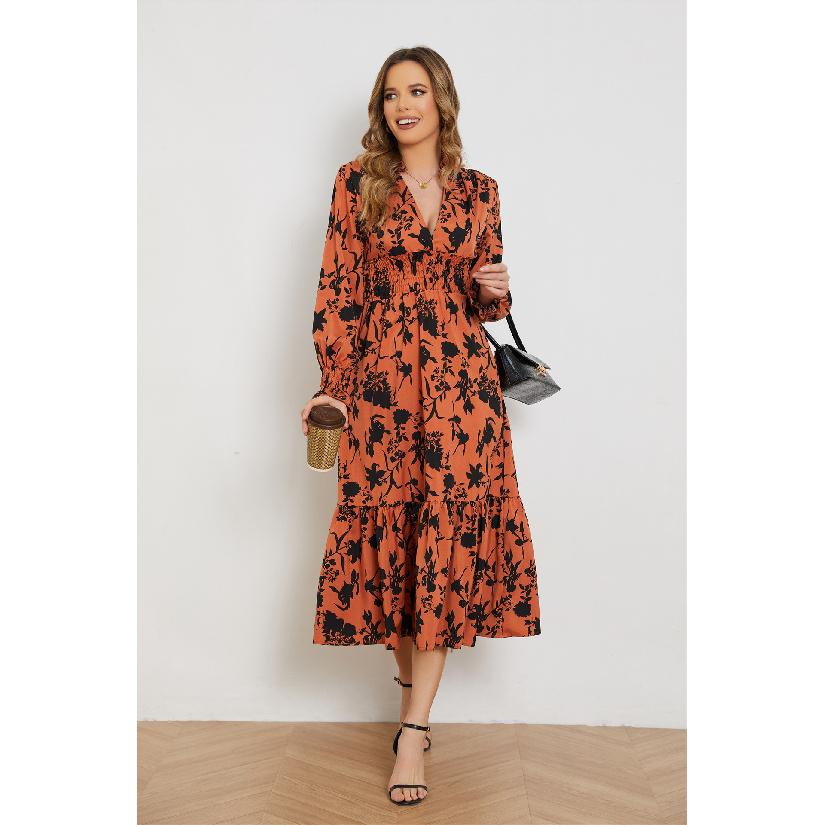 

Новое платье с V-образным вырезом, длинными рукавами и высокой талией с цветочным принтом для женщин XL