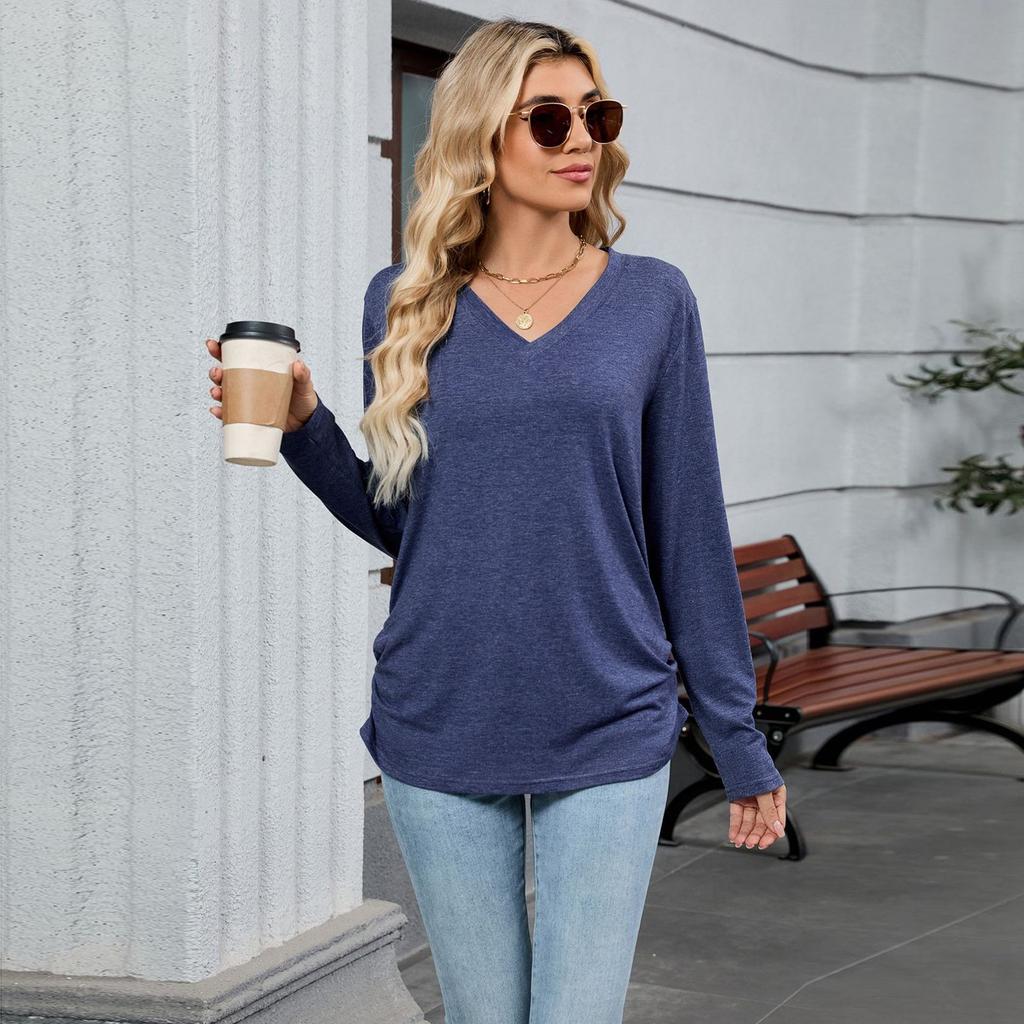 T Shirts For Women Pleated V-Neck Dressy Casual Blouses Printing Short Sleeve Summer Tops Loose Fit