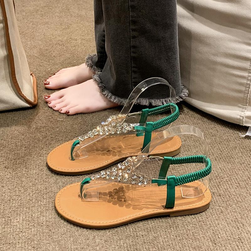 Fashion 2024 New Summer Sandals for Women Fashion Design Outside Beach Shoes Woman Pearl Diamond Back Strap Flat Sandal Large Size 42