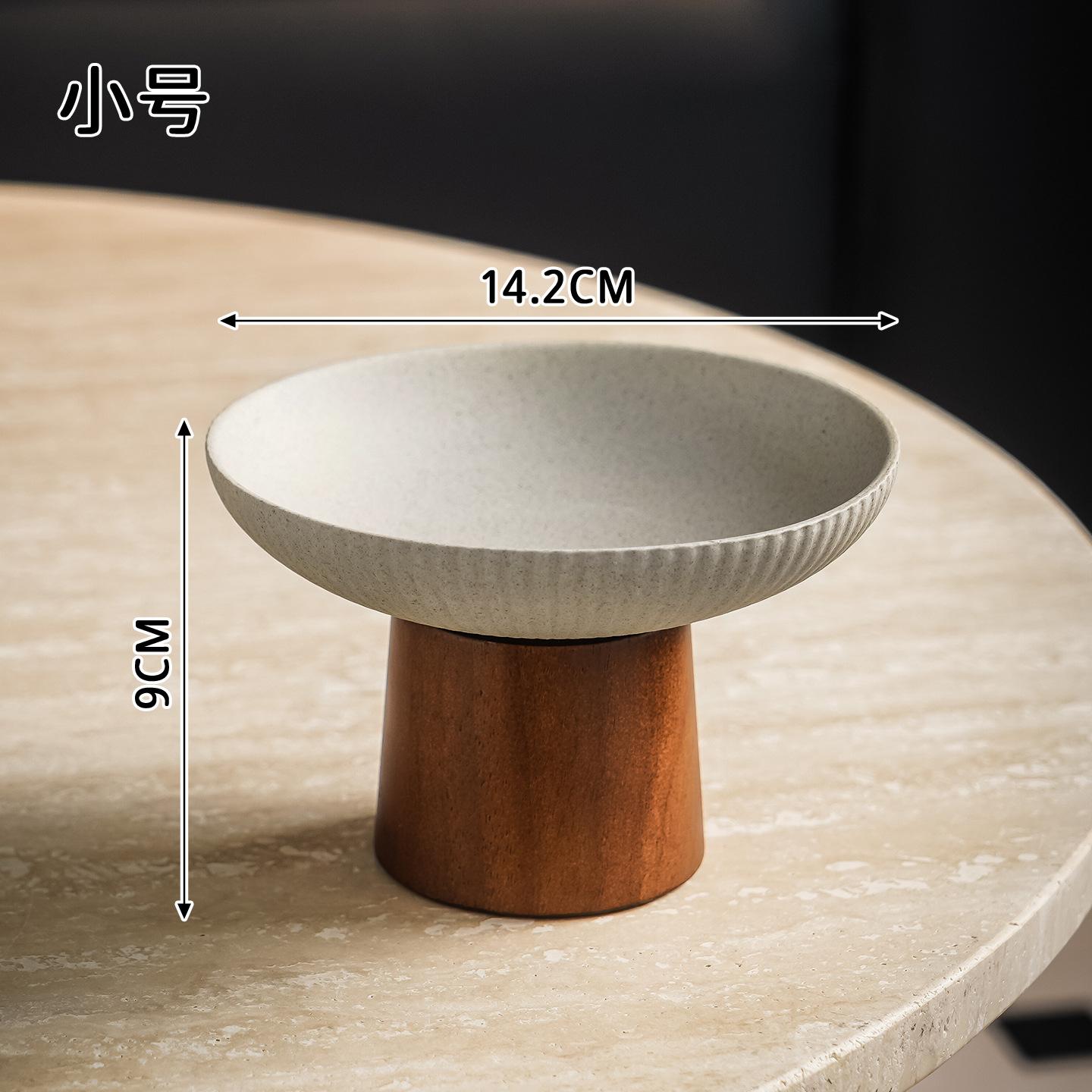 Coarse Pottery Ceramic Dim Sum Plate with Wooden High Foot Household Kitchen Zen Style High Foot Dim Sum Plate Snack Plate Trays