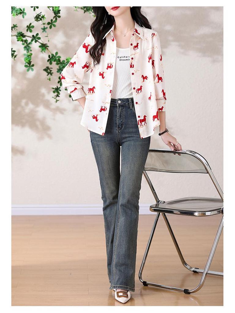 Women's French Retro Pony Print Chiffon Shirt - Elegant Designer Spring/Autumn 2026 Style