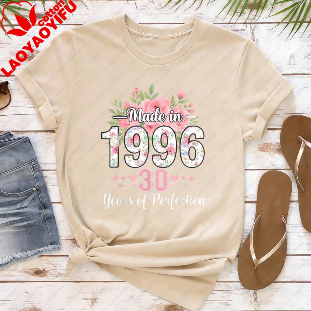 Made in 1996 30th Birthday Women TShirt Floral Design Cotton Short Sleeve Casual Summer Top Gift for Her Fashion Tee