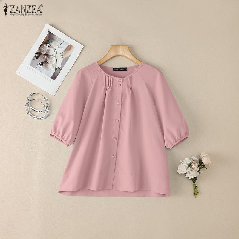 ZANZEA Damen Lässige Runde Halslinie Halbarm Locker Einfarbig Bluse