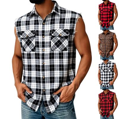 Ärmelloses Karriertes Hemd mit Knöpfen und Brusttaschen für Herren Klassische Passform Baumwollstoff Lässiger Stil für den Alltag