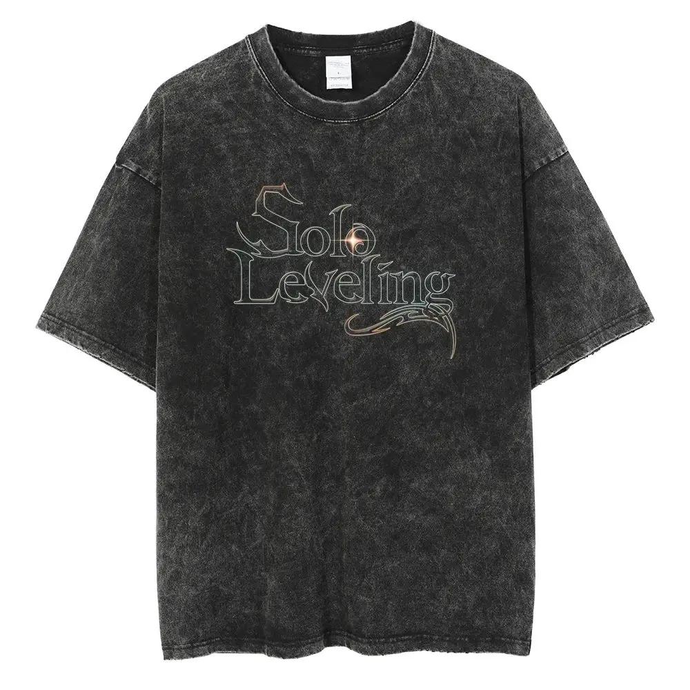 Hot Summer Anime Solo Leveling Sung Jin Woo Print T-shirt Women High Quality Washed Cotton T-shirts Harajuku Plus Size T Shirt