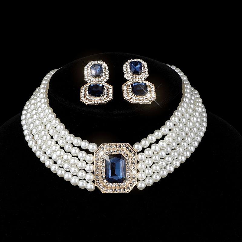 Multi-layer imitation pearl geometric rectangular crystal necklace earrings bridal choker diamond necklace collar women