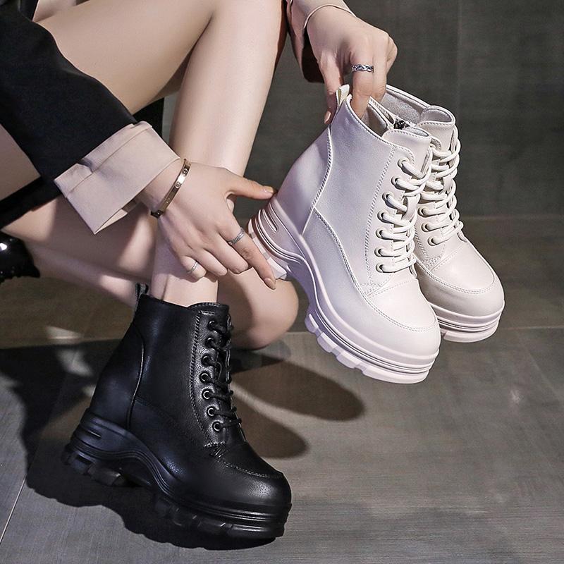 Fashion Women High Heels 9CM Thick Heel Ankle Boots Leather Chunky Shoes Autumn Winter Woman Punk Boots Platform Sneaker Botas Designer