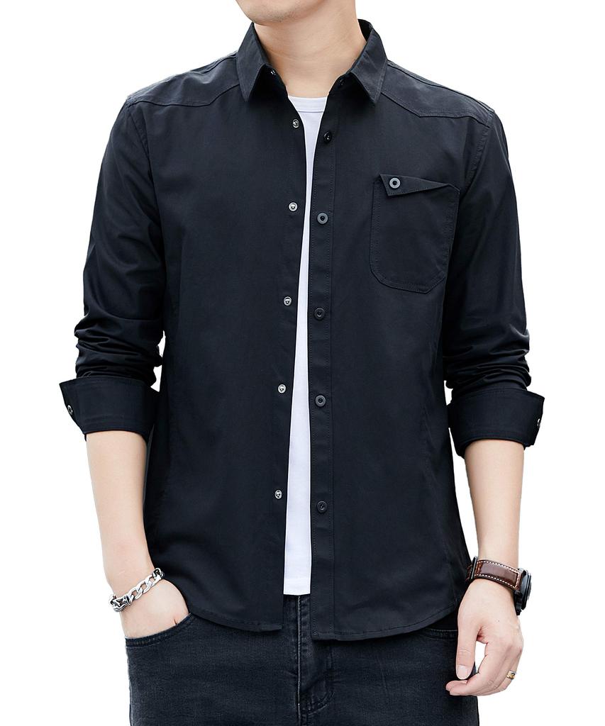 SHANLIANG Long Sleeve Black Shirt with Metal Basic Solid Oxford Shirt Men's Buttons, Color, Business, Color, Casual, Cotton, Fashionable, Spring,