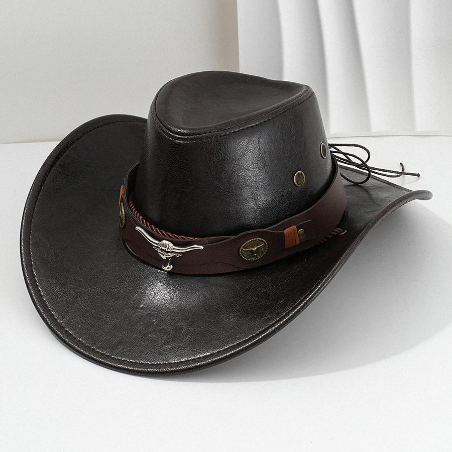 Unisex Vintage Faux Leather Western Cowboy Hat Outdoor Gentleman Cowgirl Jazz Cap Sombrero Hombre Cowboy Hat