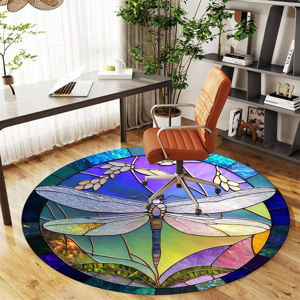 1pc Dragonfly Stained Glass Round Chair mat office Area Rug - Non-Slip, Floor Mat for Office, Bedroom, Ideal home decor gift c0112035