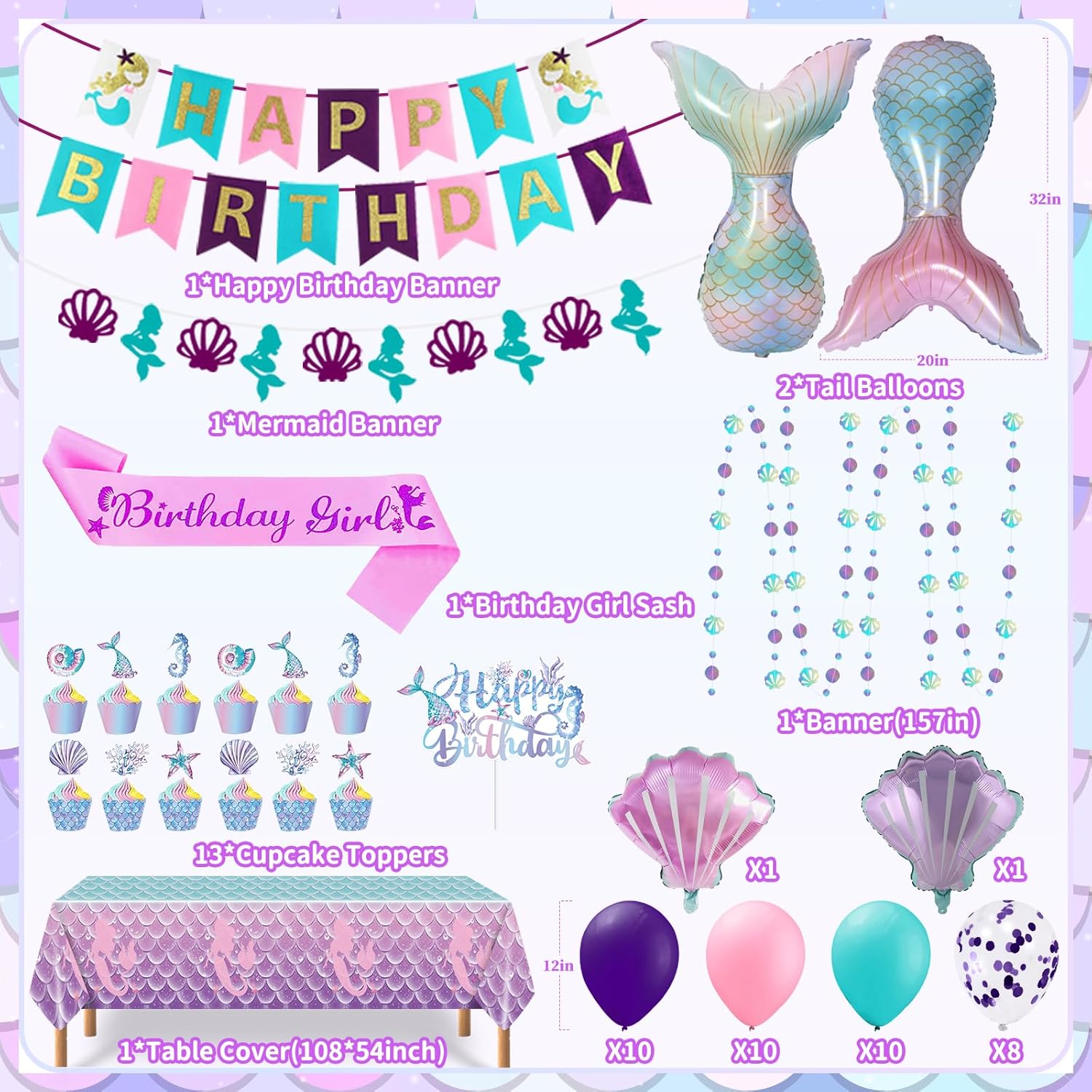 Mermaid Birthday Decorations, Mermaid Party Supplies Include Brithday Sash Banner Balloons Tablecloth Cupcake Toppers for Women Girls Birthday