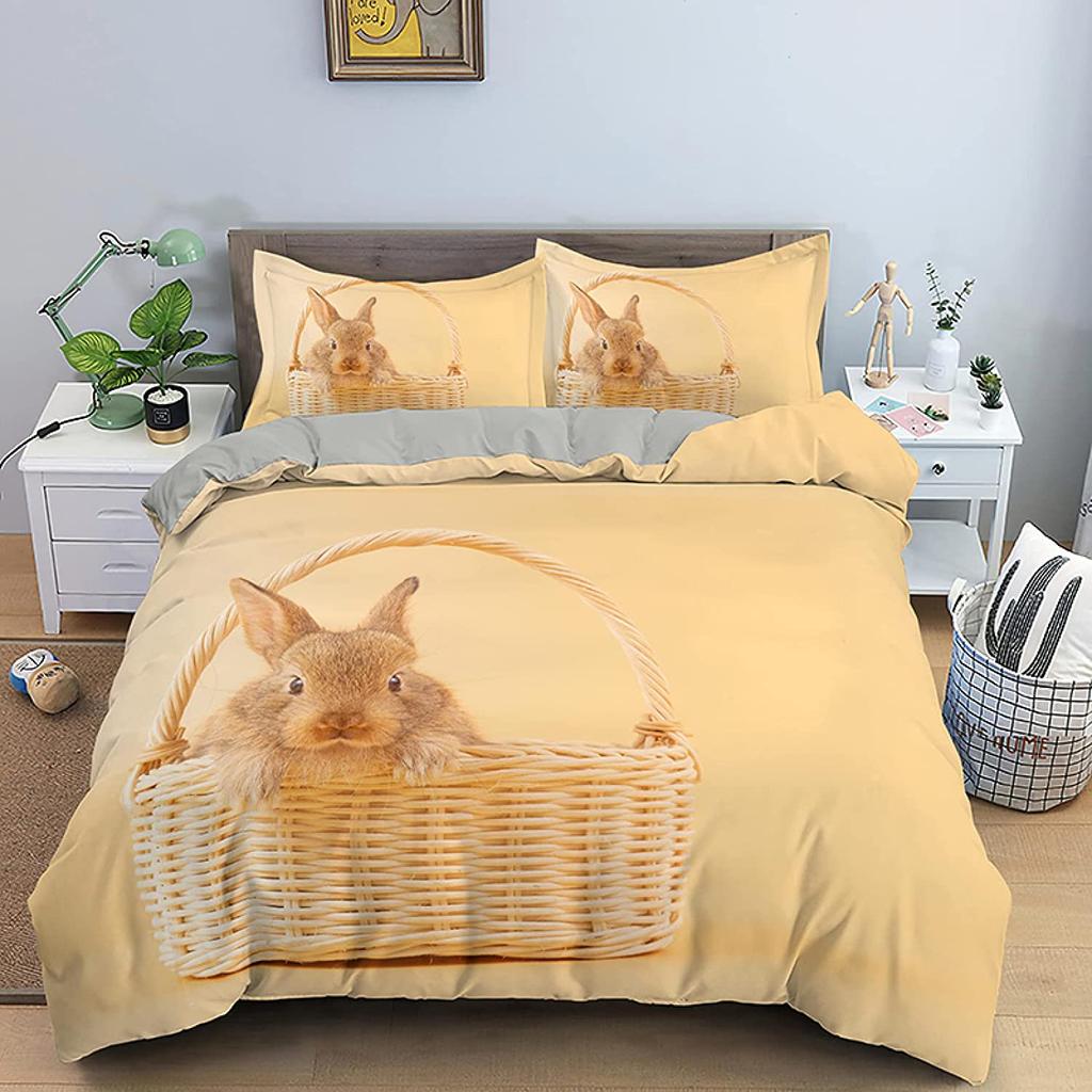 Rabbit Duvet Cover Set Polyester Comforter Cover Twin Size,Pink Floral For Girls Women Cute Bunny Bedding Set With Pillowcase
