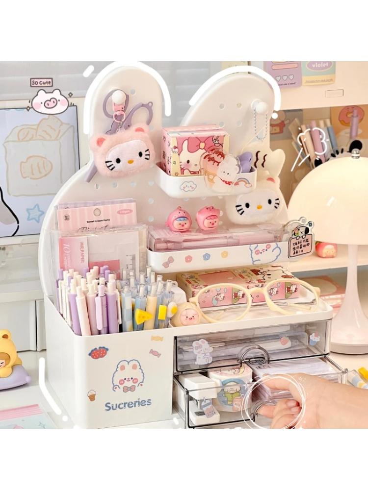 Desktop Hole Board Storage Box Desk Organizer Girls Cute Pen Holder Storage Stationary Rack Korean Kawaii Bunny Cosmetic Shelf