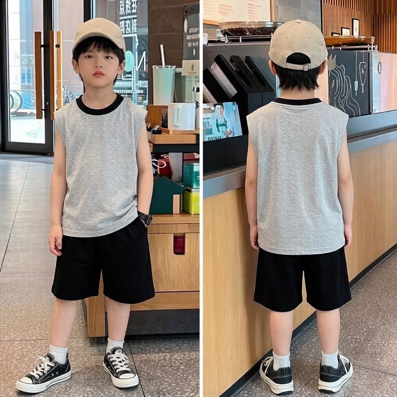 Korean Style Boys' Cartoon Cotton Color Block Vest Set - Summer Sleeveless T-shirt Two-Piece for Medium & Large Children