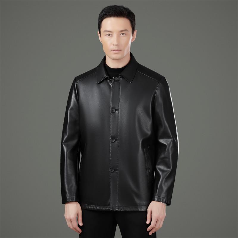Men's Genuine Sheepskin Lapel Coat - Winter 2025 Single-Breasted Leather Jacket with Plush Lining for Middle-Aged Dads