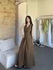 Temperament brown kinked sleeveless vest dress women's summer design long dress v-neck waist thin a-word skirt