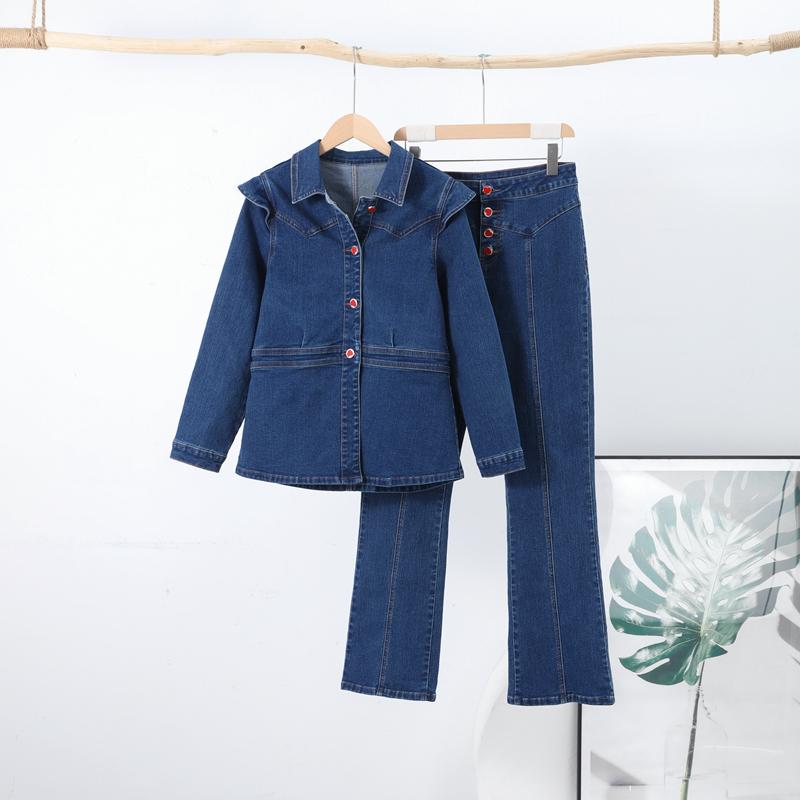 

Повседневные комплекты из джинсовой ткани для женщин, узкие куртки с рукавами-фонариками, прямые брюки с высокой талией, весенняя мода 2025 года, уличный комплект из 2 предметов для леди M синий